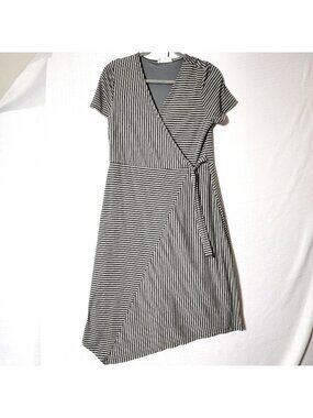 The Line of Style Midi Dress Womens Sz L Asymmetrical Faux Wrap Grey & White
